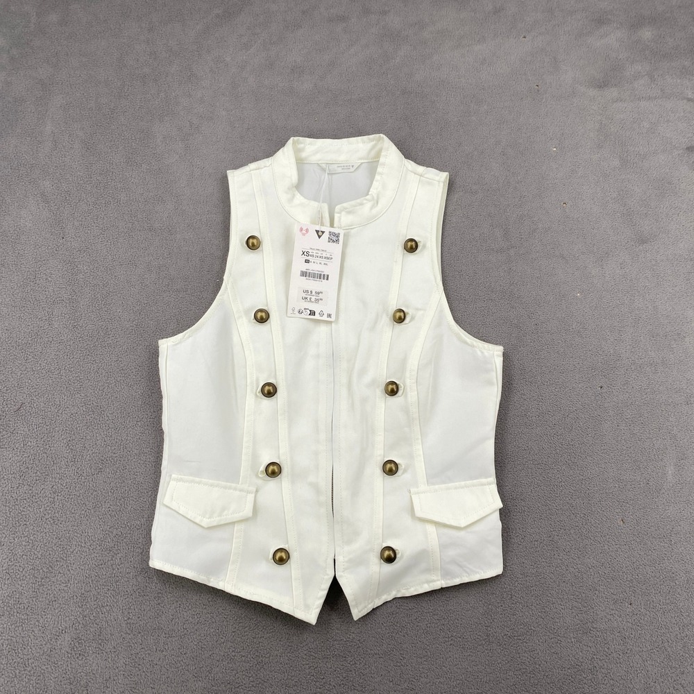 Zara Womens Military Vest Off White Brass Button Zip Front XS 4341/700/251